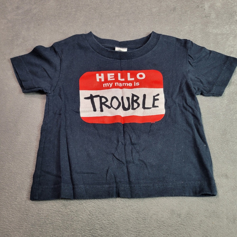 Unbranded T-Shirt Unisex 3T Navy Blue Hello My Name Is Trouble Graphic Funny Tee